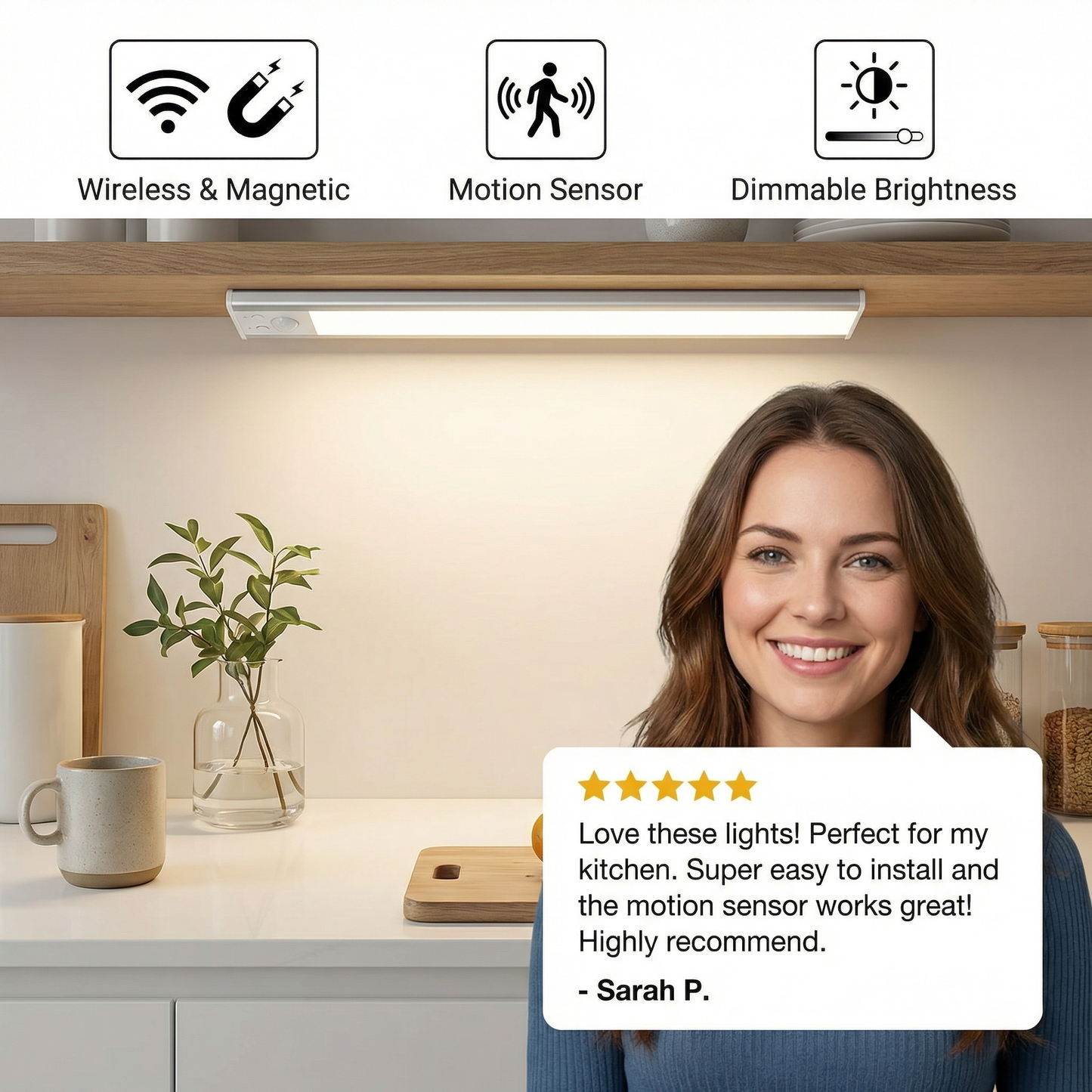 Wireless LED Under-Cabinet Light with Motion Sensor – Magnetic & Dimmable