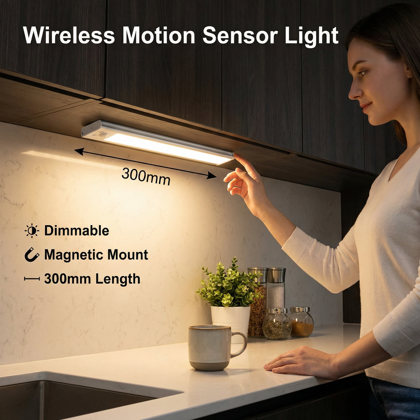 Wireless LED Under-Cabinet Light with Motion Sensor – Magnetic & Dimmable