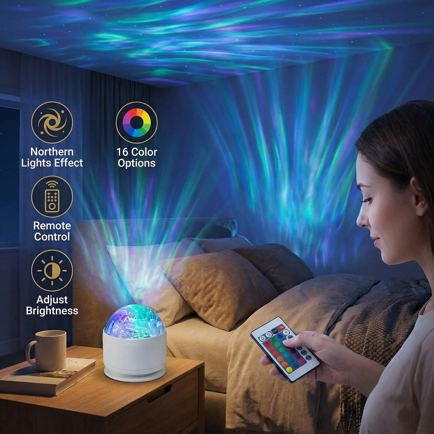 LED Northern Lights Projector Lamp – 16 Colors & Remote Control