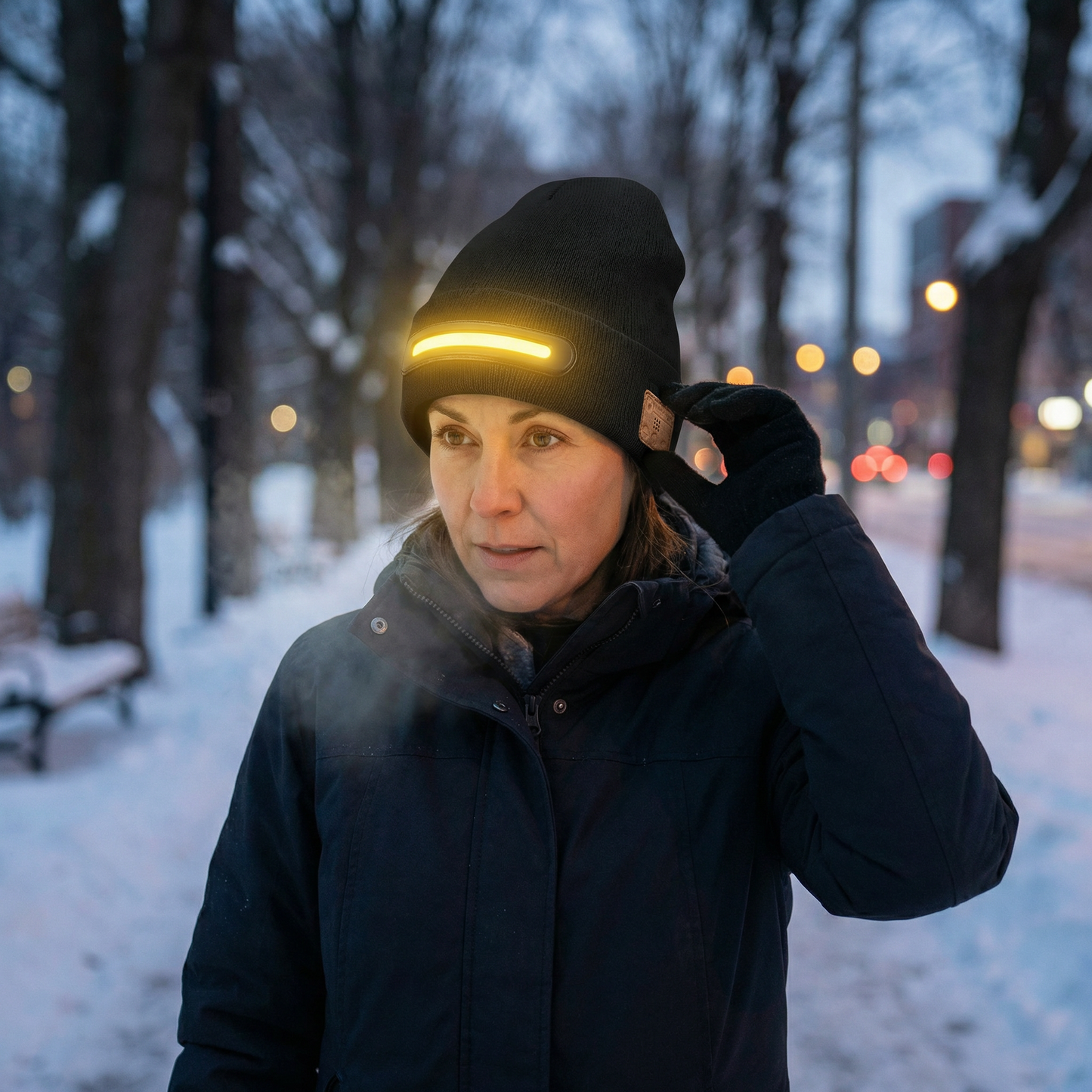 Warm Hat with Integrated Bluetooth Headphones and LED light strip