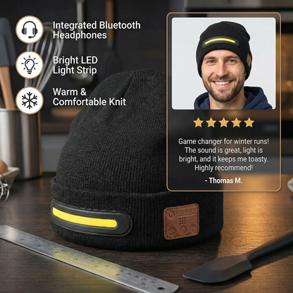 Warm Hat with Integrated Bluetooth Headphones and LED light strip