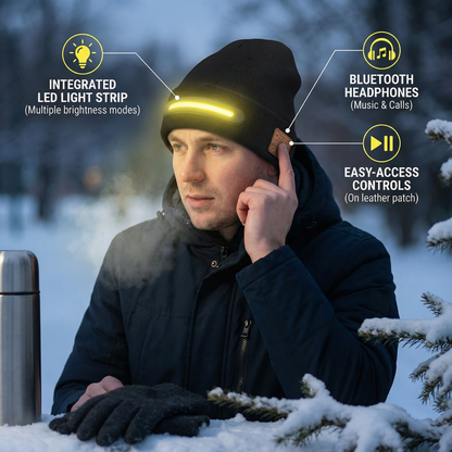 Warm Hat with Integrated Bluetooth Headphones and LED light strip