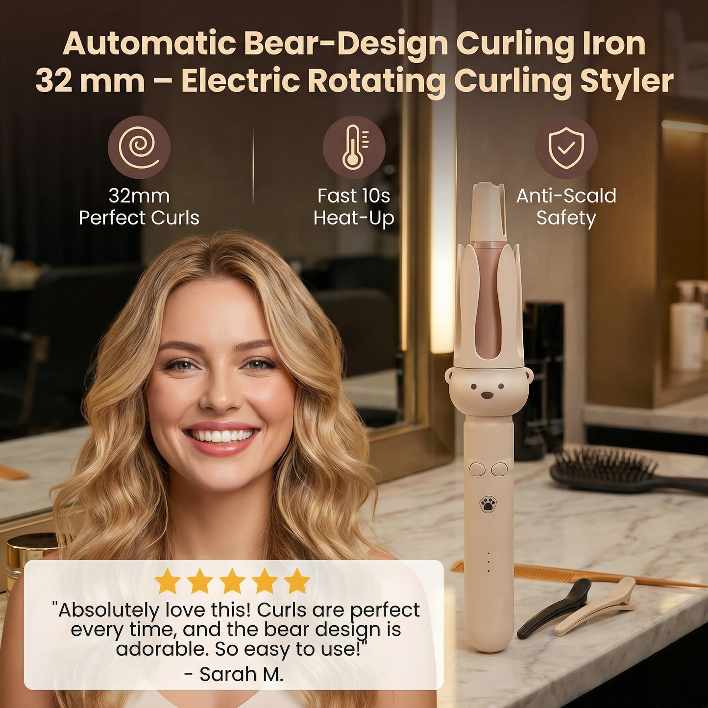 Automatic Bear-Design Curling Iron 32 mm – Electric Rotating Curling Styler