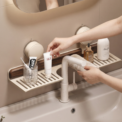 Bathroom Suction Cup Sink Shelf in Walnut Design