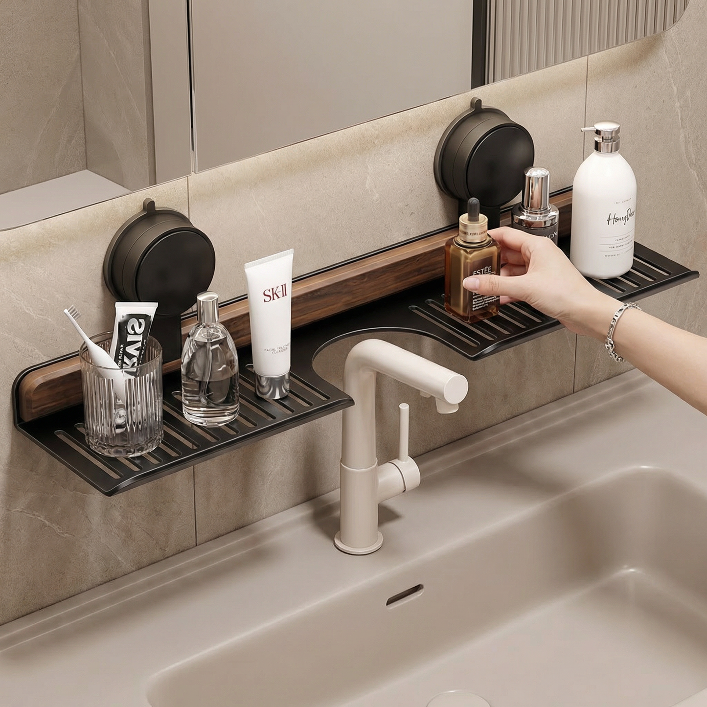 Bathroom Suction Cup Sink Shelf in Walnut Design