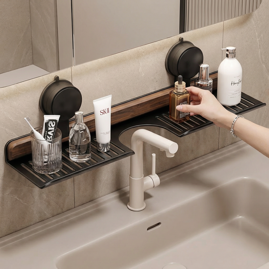 Bathroom Suction Cup Sink Shelf in Walnut Design