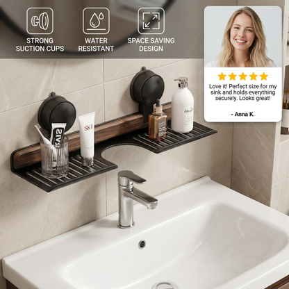 Bathroom Suction Cup Sink Shelf in Walnut Design