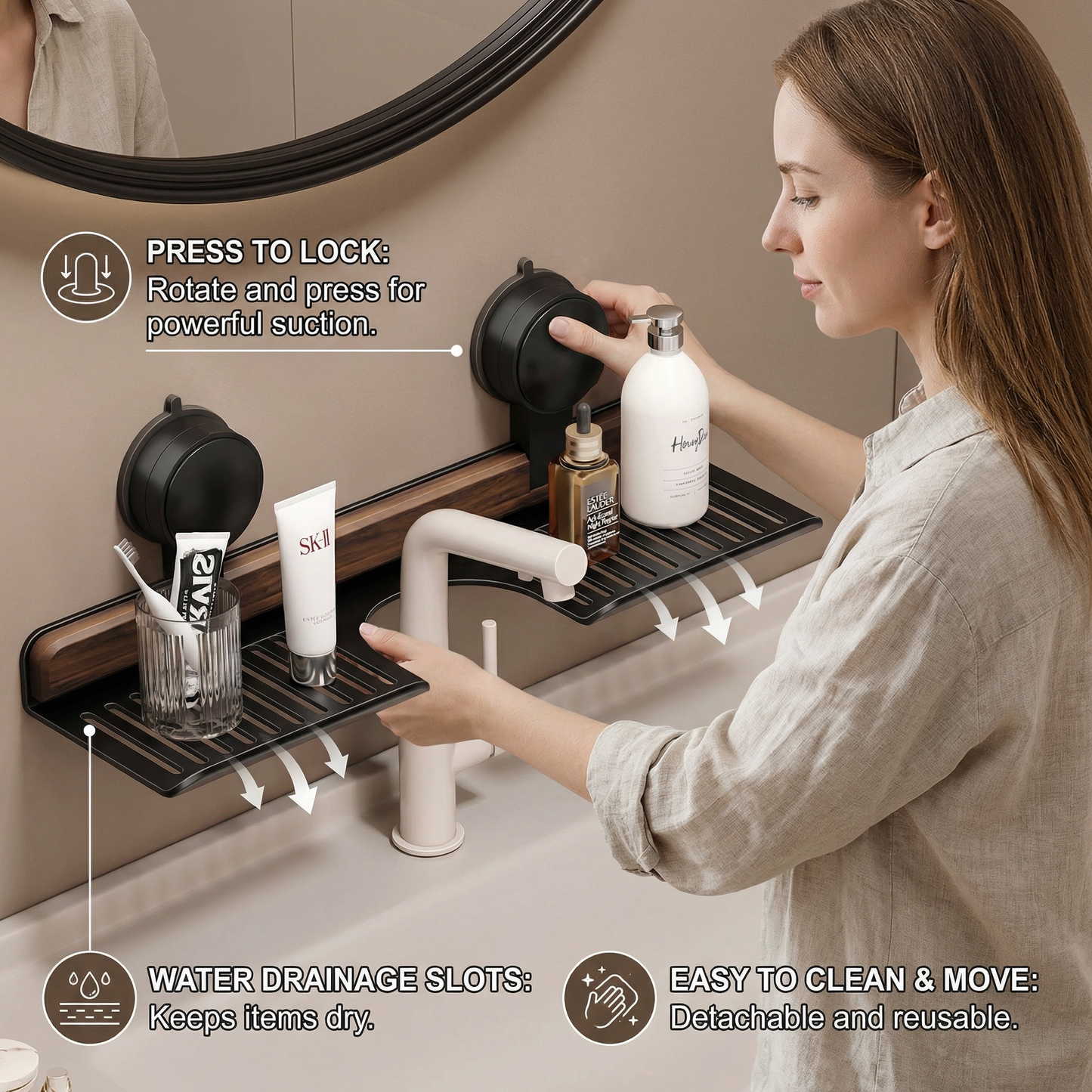 Bathroom Suction Cup Sink Shelf in Walnut Design