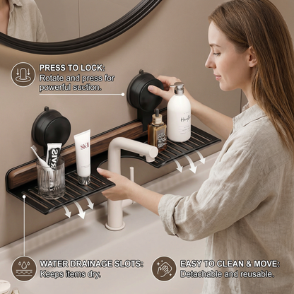 Bathroom Suction Cup Sink Shelf in Walnut Design