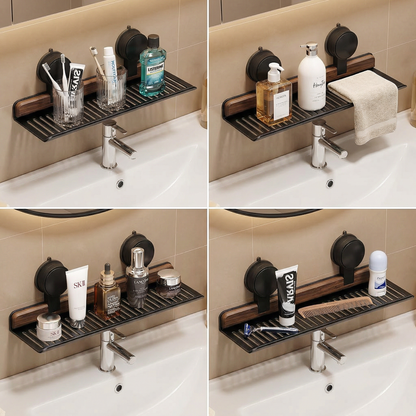 Bathroom Suction Cup Sink Shelf in Walnut Design