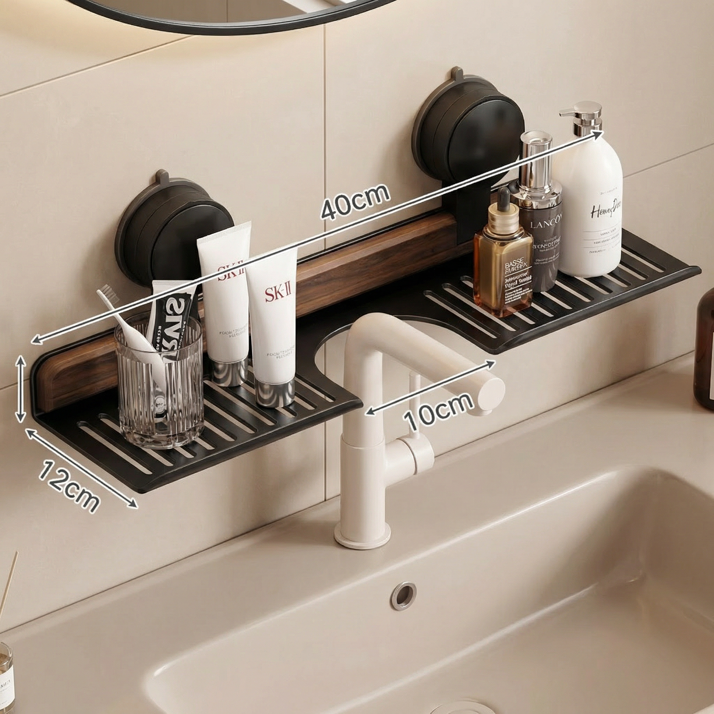 Bathroom Suction Cup Sink Shelf in Walnut Design