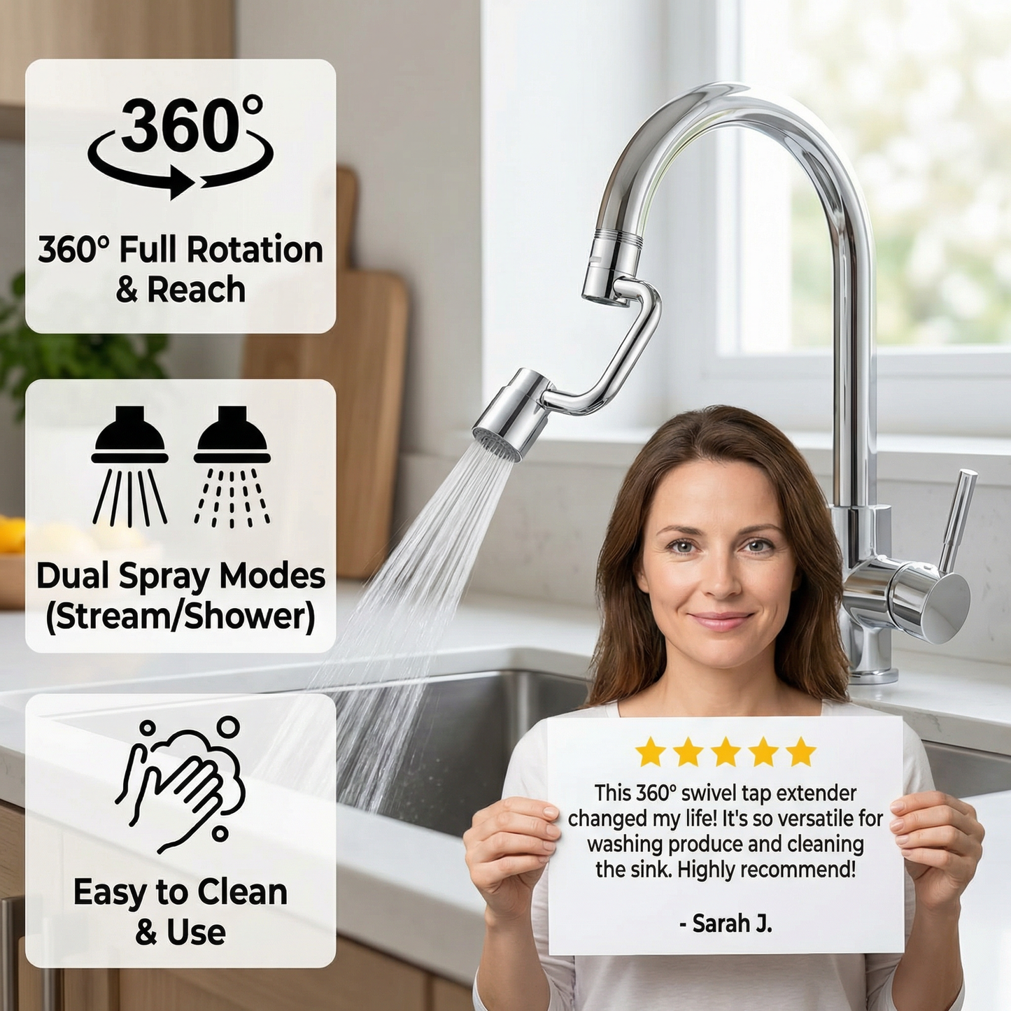 360° swivel tap extender with spray head – kitchen & bathroom use