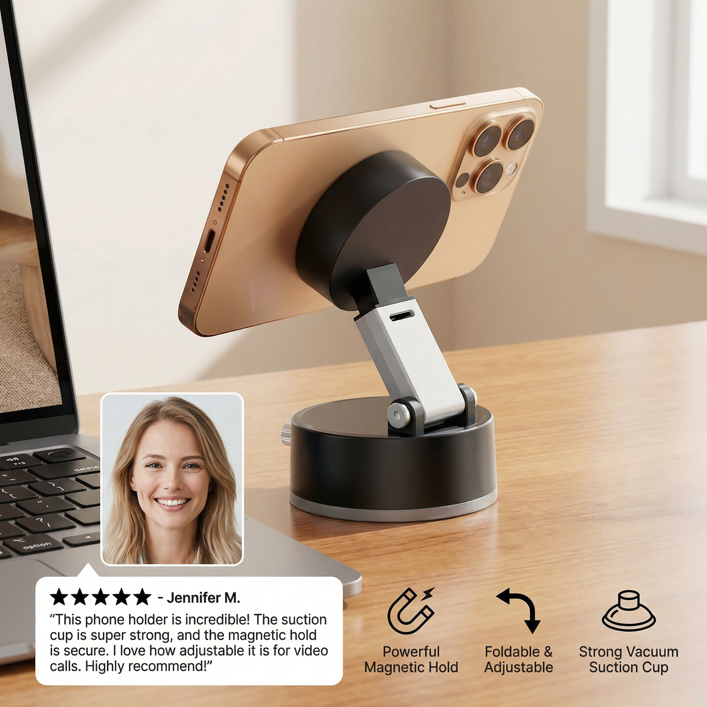 Magnetic Phone Holder with Vacuum Suction Cup – Foldable & Double-Sided, Universal for All Smartphones