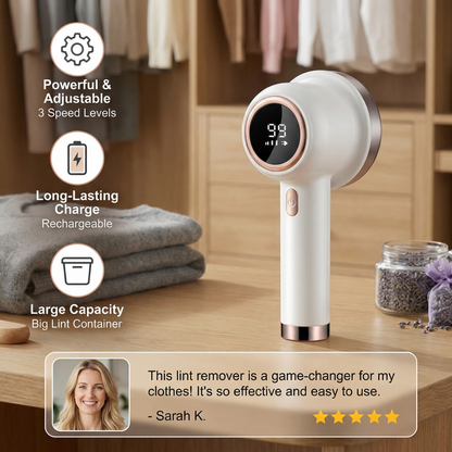 Electric Lint Remover with LED Display – Rechargeable Fabric Shaver with 3 Speed Levels & Large Lint Container