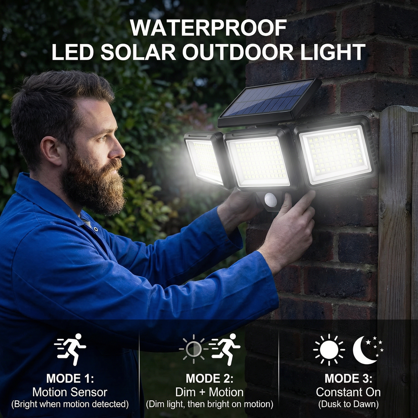 Waterproof LED Solar Outdoor Light with 3 Spotlights – 3 Lighting Modes & Motion Detection