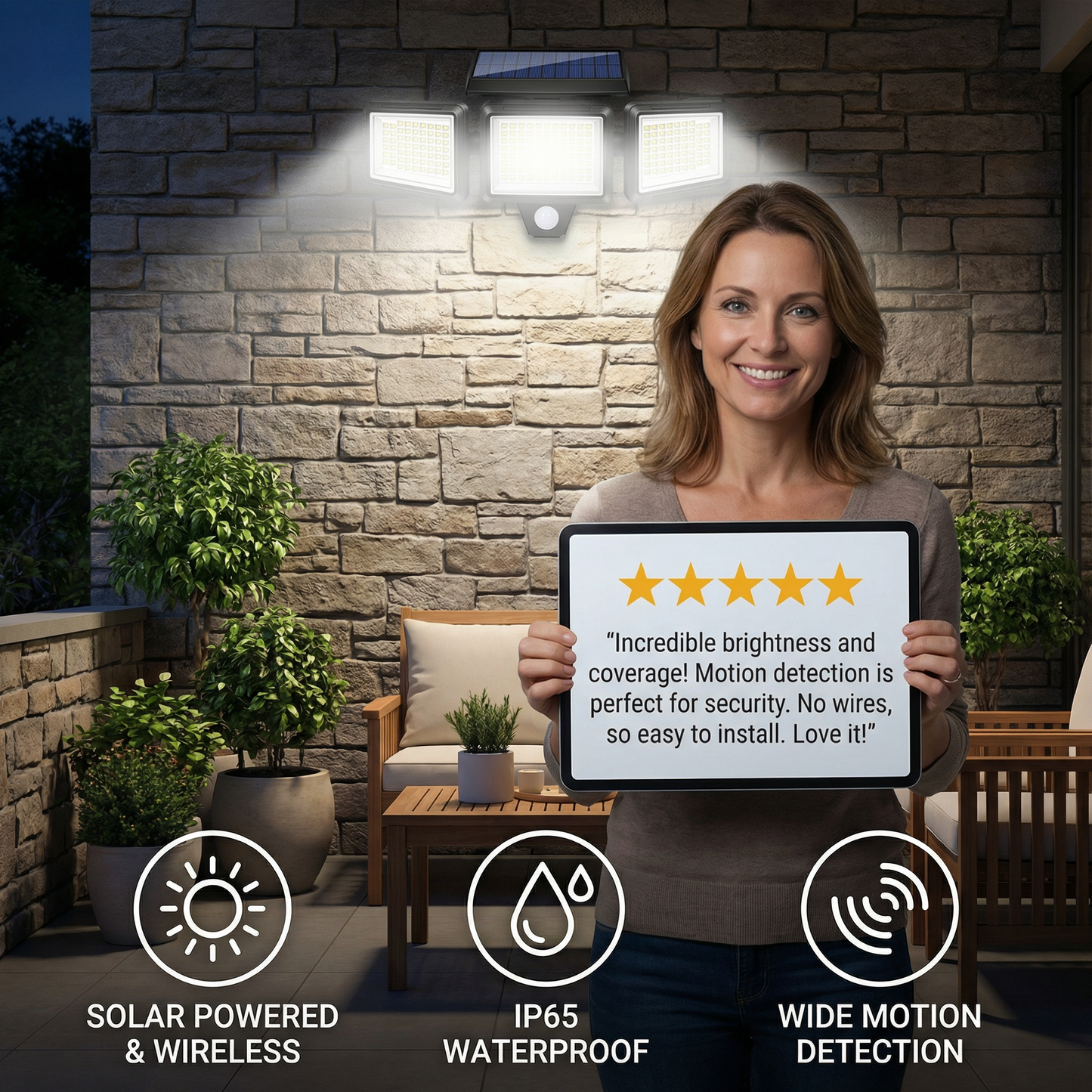 Waterproof LED Solar Outdoor Light with 3 Spotlights – 3 Lighting Modes & Motion Detection